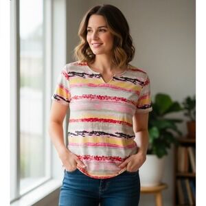 Rebecca Malone Petite Striped V Neck Tee Shirt Women's Size PXL Pink Yellow Red